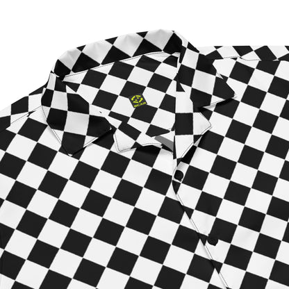 Unisex chessboard print button shirt detail, open collar and small chest logo, black/white.