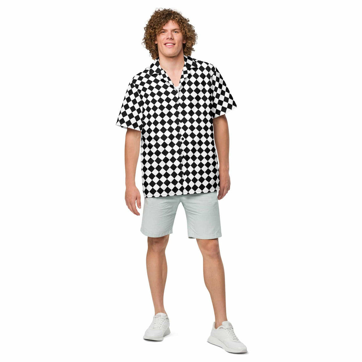 Unisex black-and-white chessboard button-up shirt, short sleeves and collared neckline.
