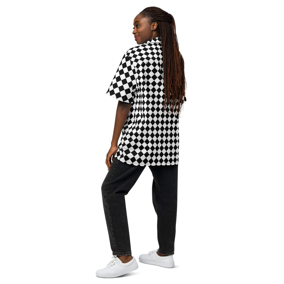 Unisex chessboard button shirt shown from the side, black-and-white short sleeves.