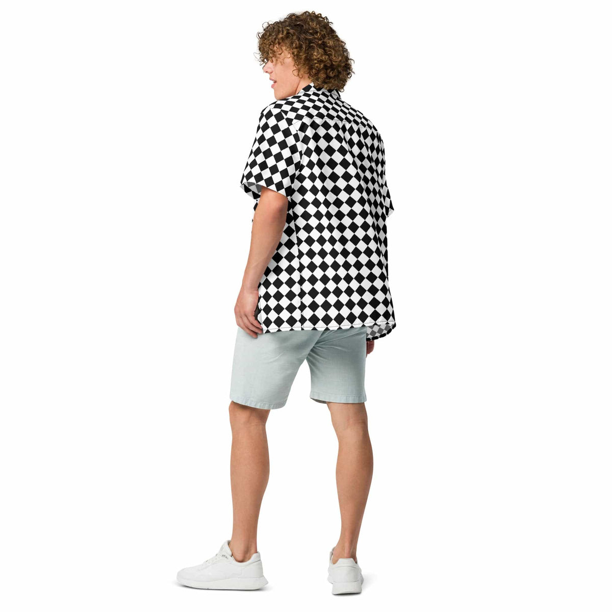 Unisex chessboard button-up shirt shown from the back, black-and-white check pattern.