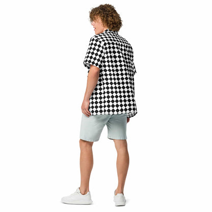 Unisex chessboard button-up shirt shown from the back, black-and-white check pattern.