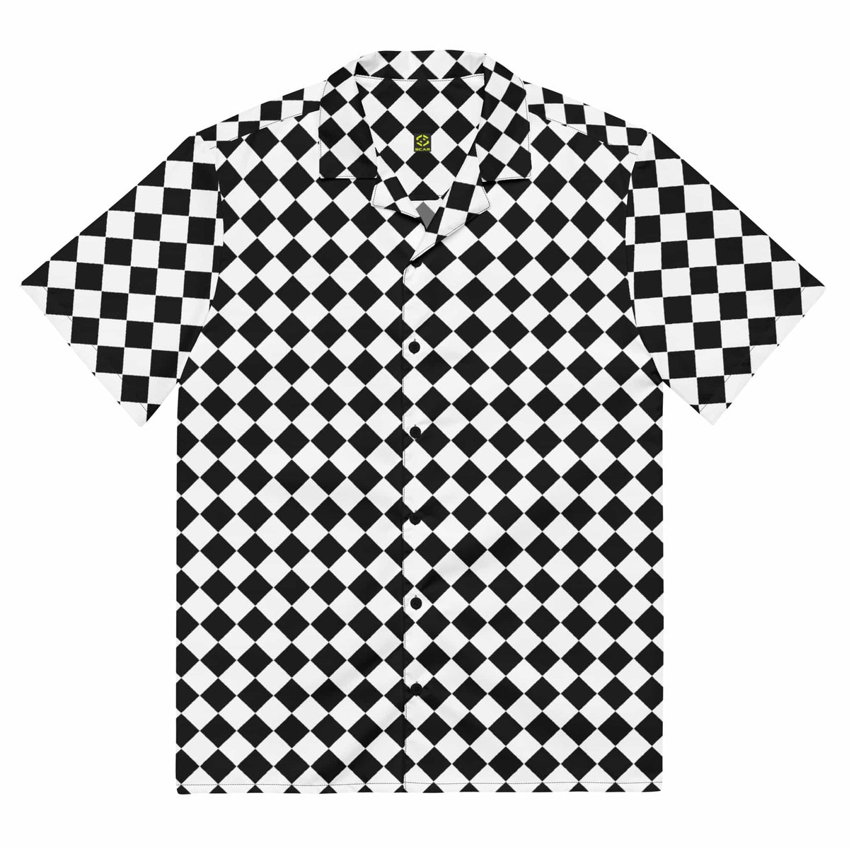 Unisex button-up shirt with black-and-white checkerboard pattern, short sleeves