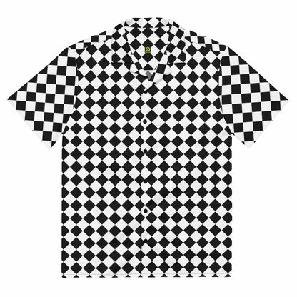 Unisex button-up shirt with black-and-white checkerboard pattern, short sleeves