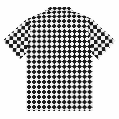 Unisex button-up shirt, black-and-white checkerboard, short sleeves, back view