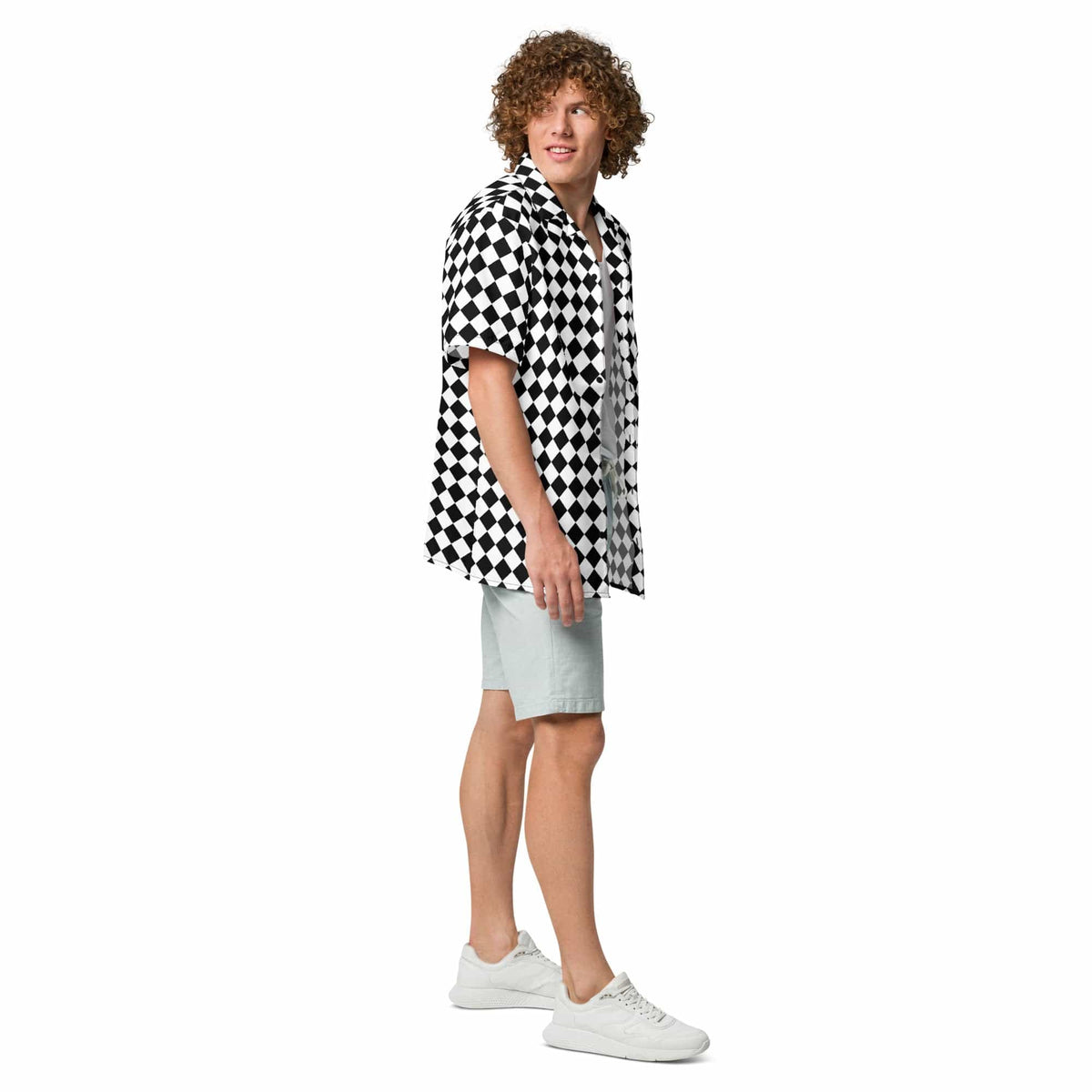 Unisex chessboard patterned button shirt with short sleeves, collared and buttoned.