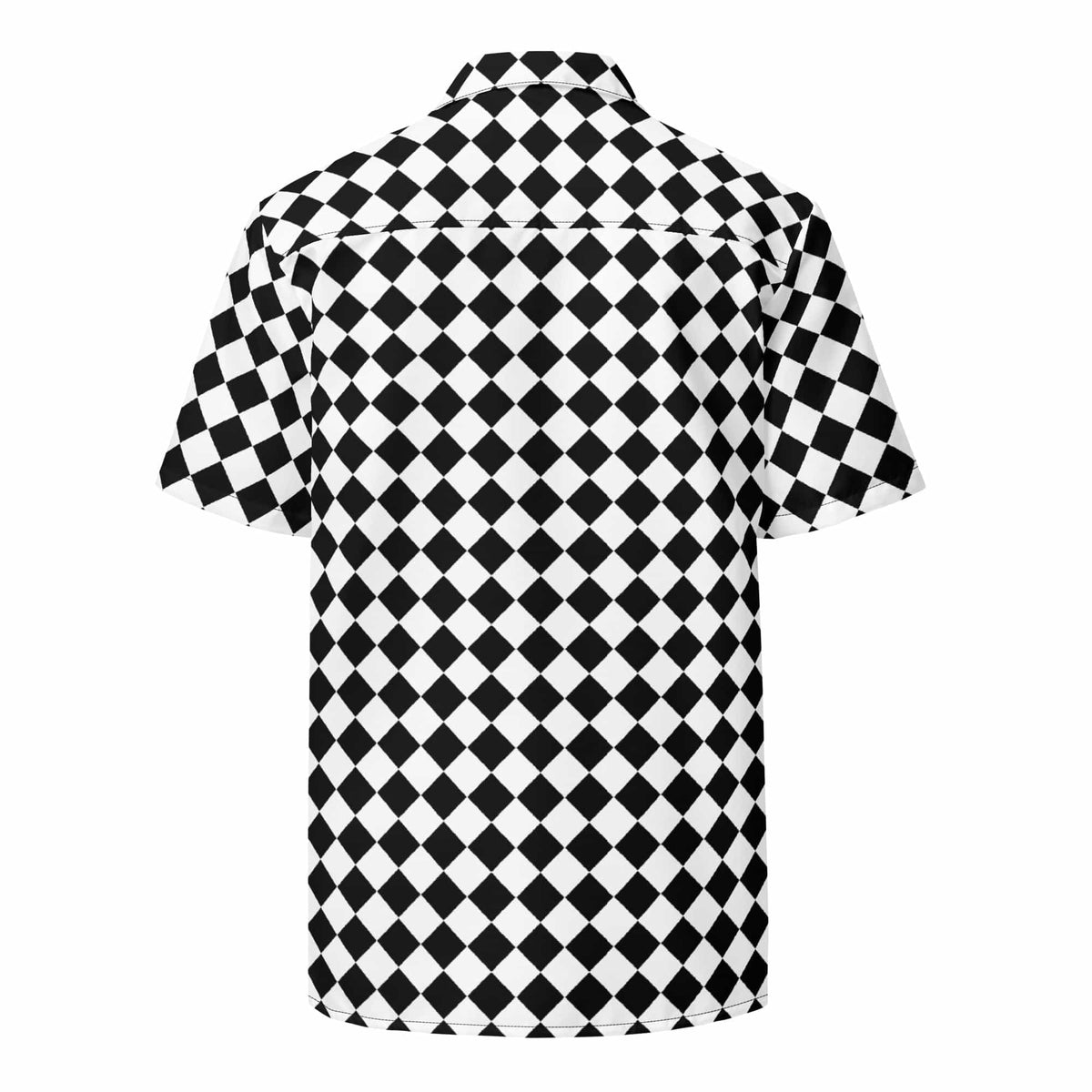 Unisex button-up shirt with black-and-white checkerboard pattern, back view