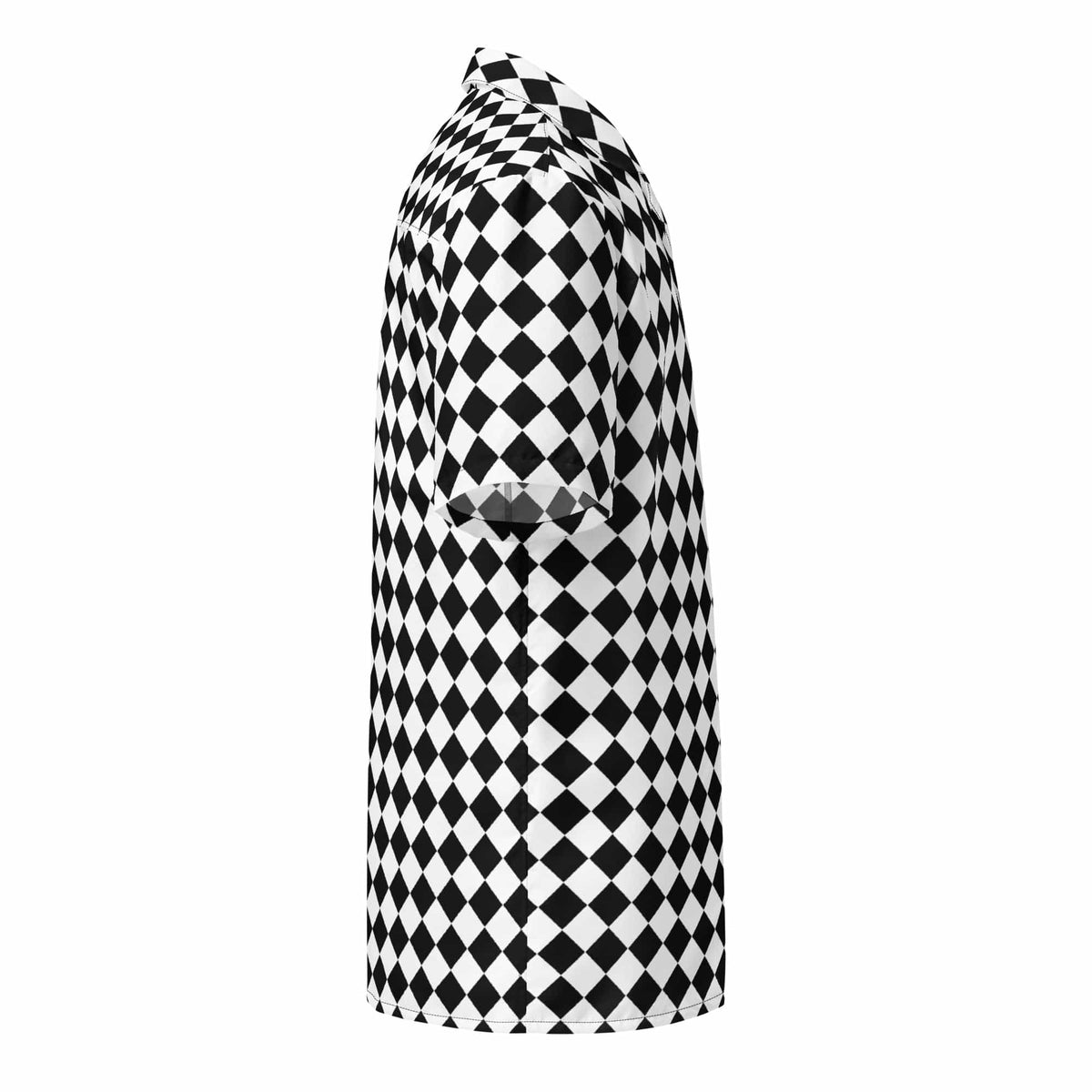 Unisex button-up shirt, black-and-white checkerboard, short sleeves, side view