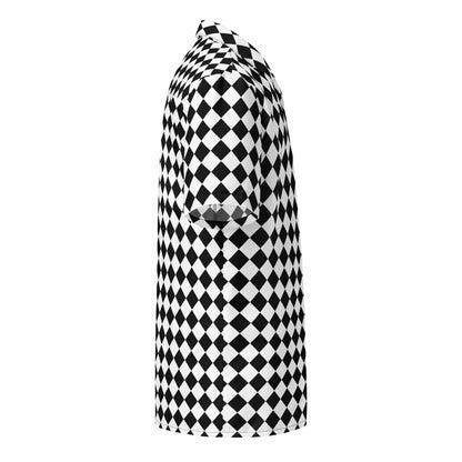 Unisex button-up shirt, black-and-white checkerboard, short sleeves, side view