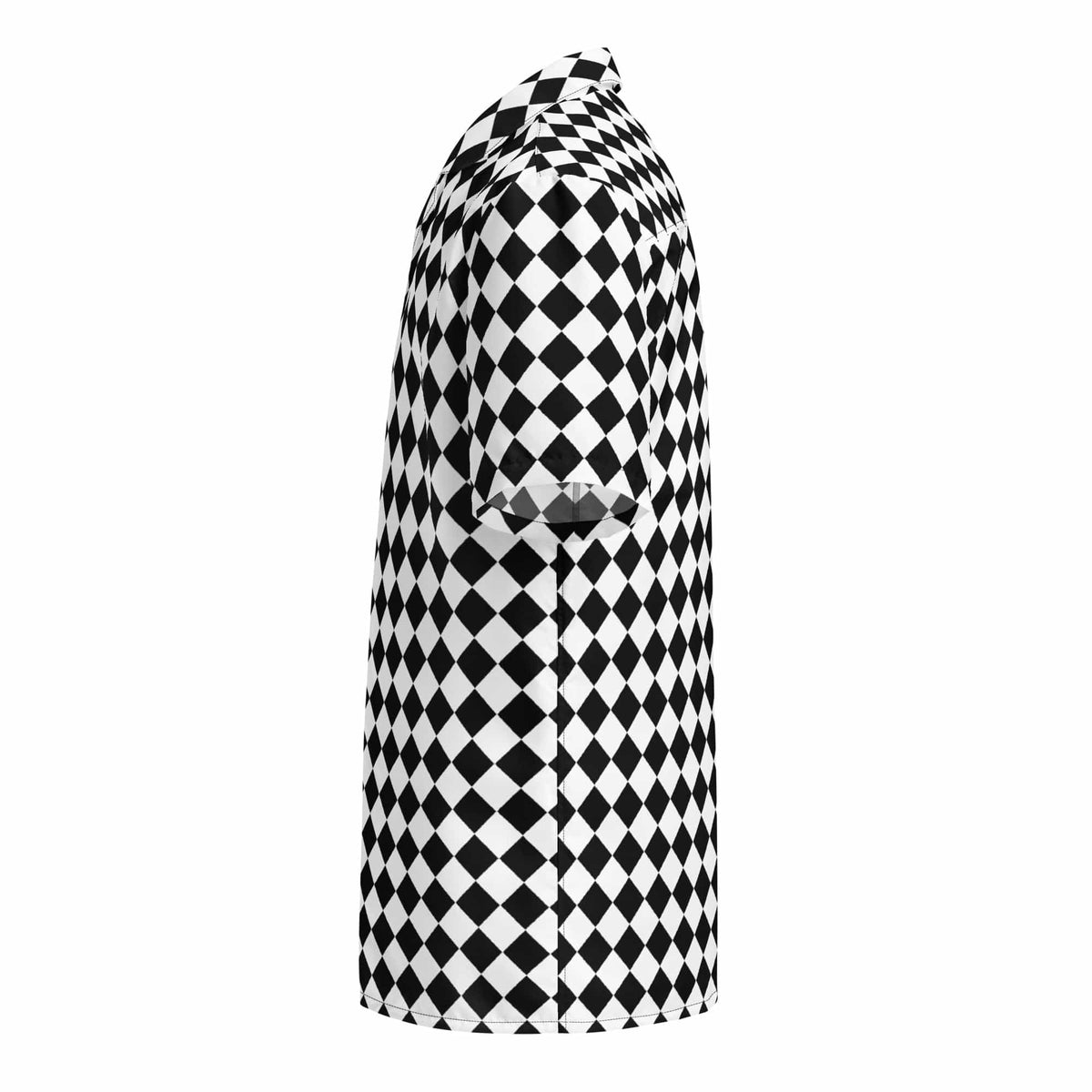 Unisex button-up shirt with black-and-white checkerboard, short sleeves, side view