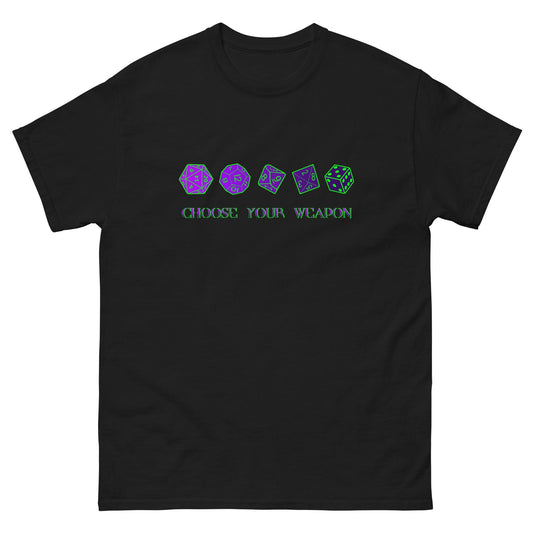 Black RPG dice graphic T-shirt with multicolor dice and slogan on chest