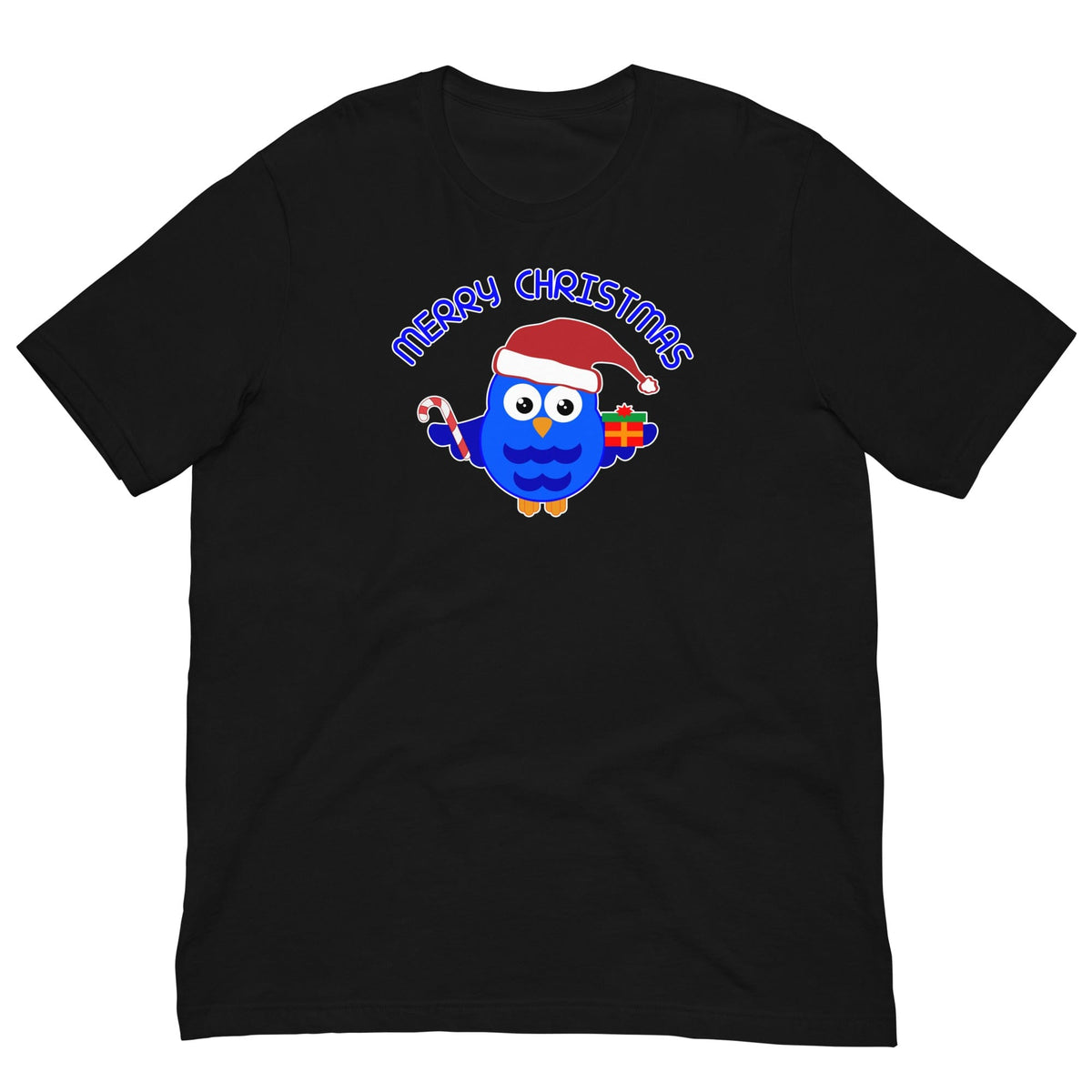 Black crewneck T-shirt with blue owl Santa graphic