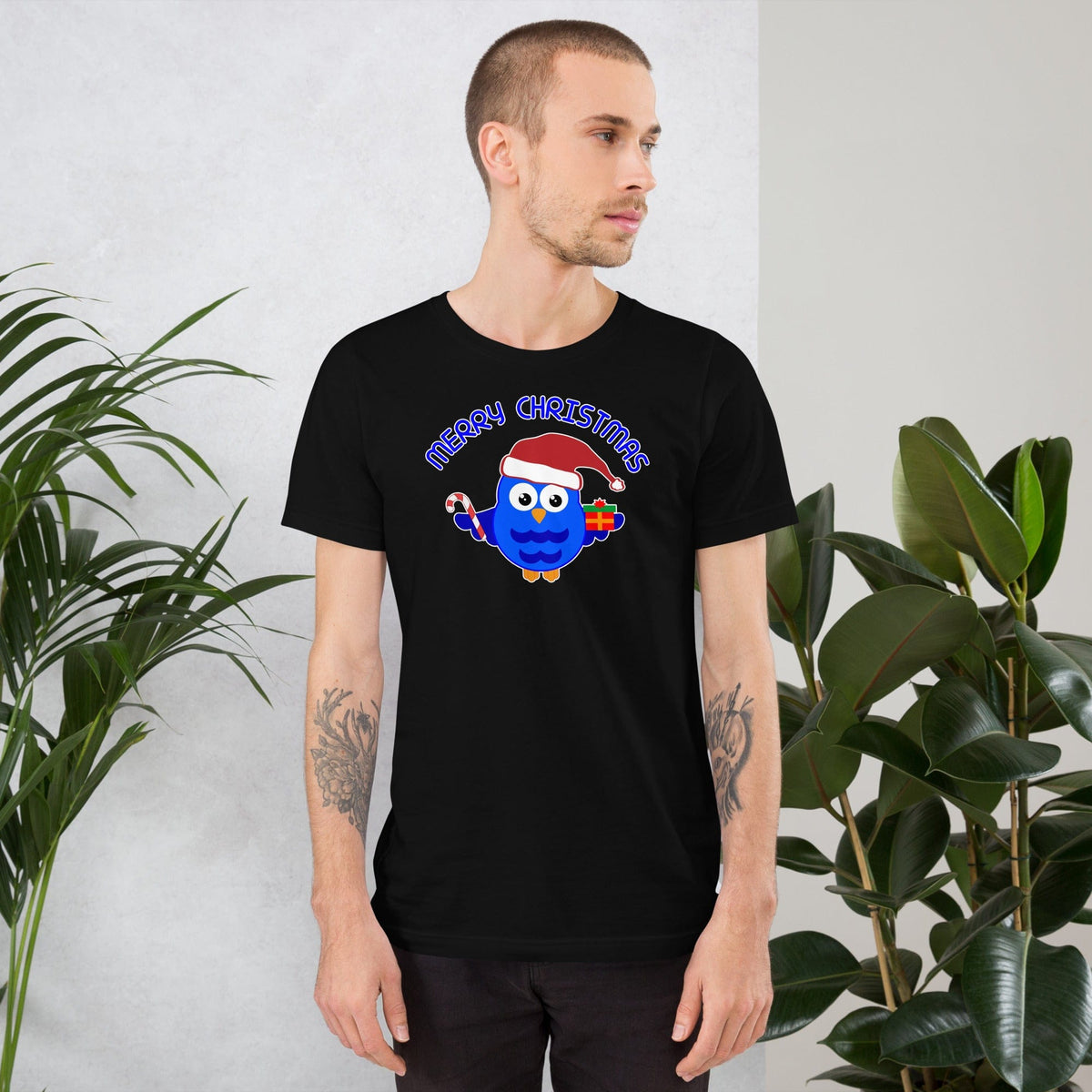 Black crewneck T-shirt with blue owl Santa graphic