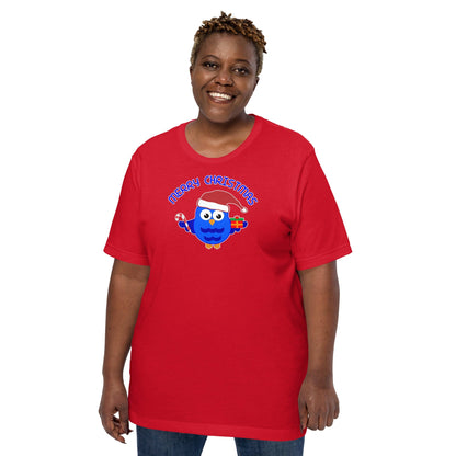 Red crewneck T-shirt with blue owl Santa graphic