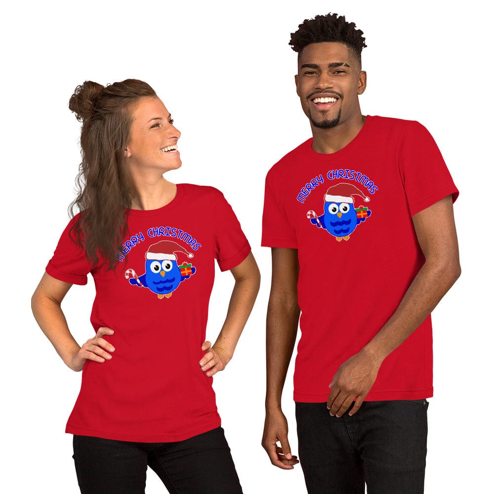 Red crewneck T-shirt with blue owl Santa graphic