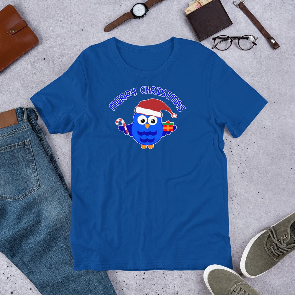 Blue crewneck T-shirt with blue owl Santa graphic