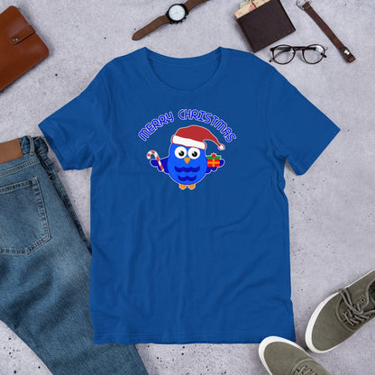 Blue crewneck T-shirt with blue owl Santa graphic