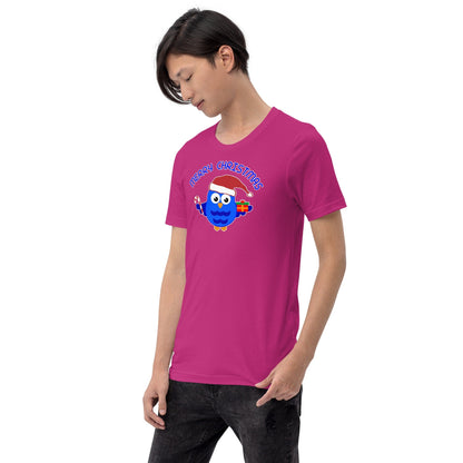Pink crewneck T-shirt with blue owl Santa graphic