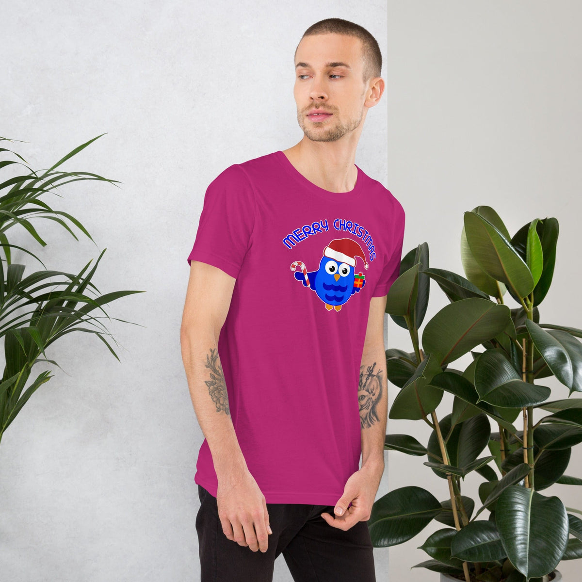 Purple Christmas owl T-shirt with “Merry Christmas” text and owl graphic on chest