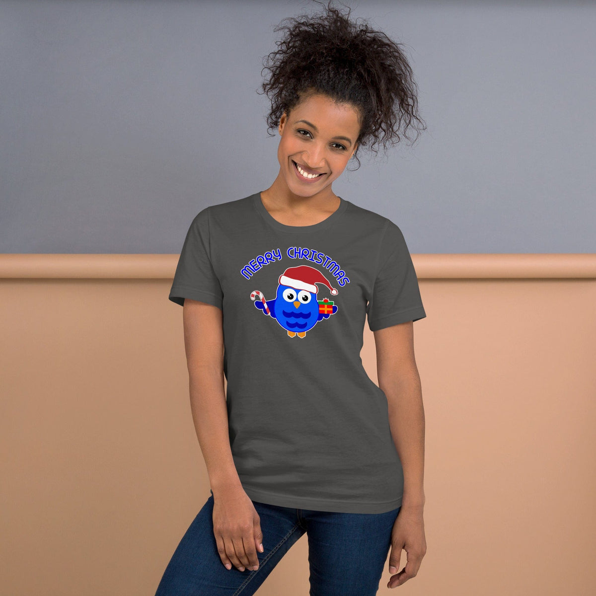 Christmas owl graphic T-shirt in dark gray with colorful cartoon owl and “Merry Christmas” text.