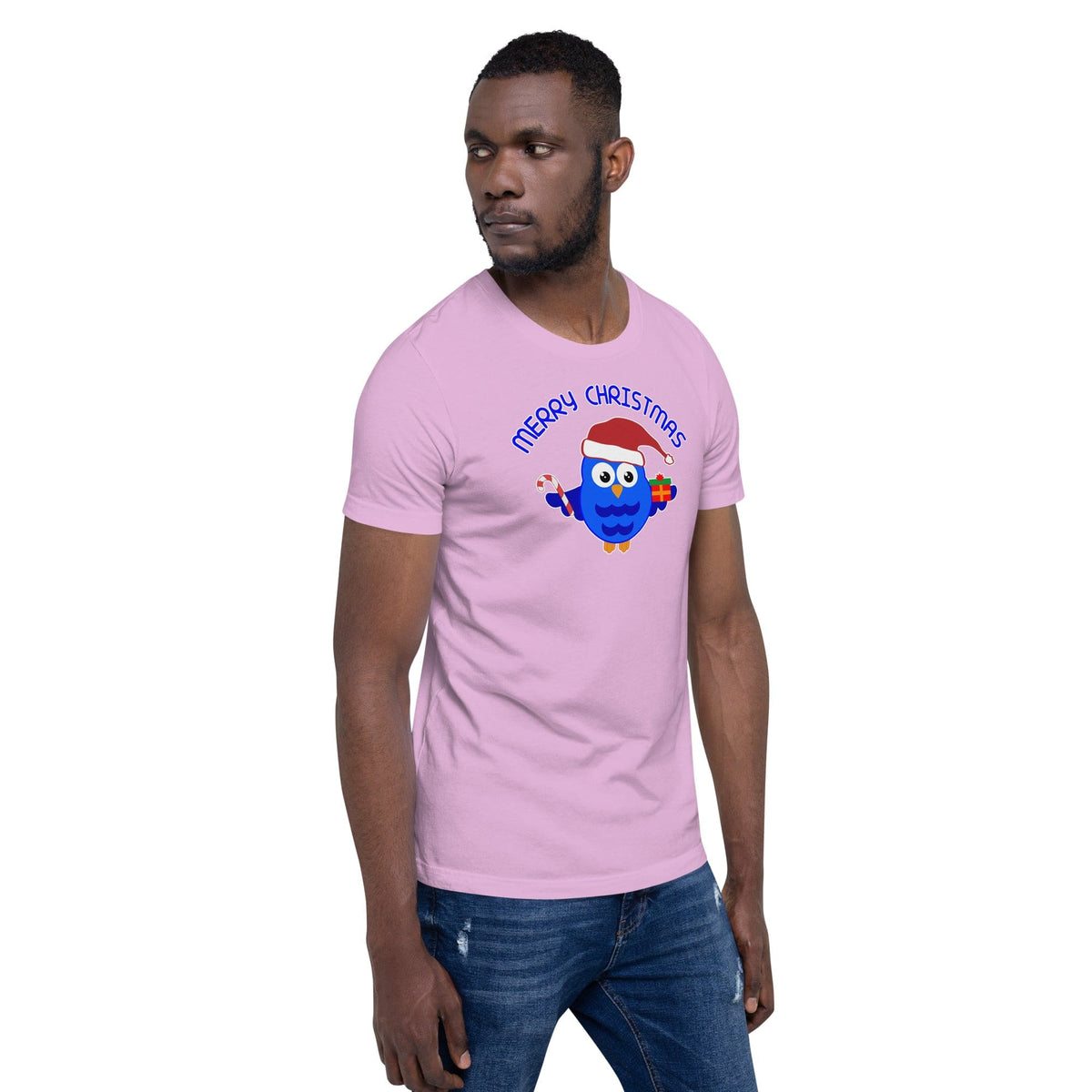 Light purple Christmas owl T-shirt with “Merry Christmas” text and owl graphic on chest
