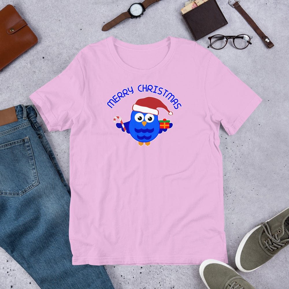 Christmas owl graphic T-shirt in light pink with blue cartoon owl and “Merry Christmas” text.