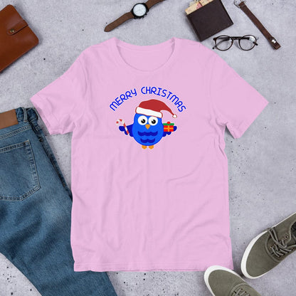 Christmas owl graphic T-shirt in light pink with blue cartoon owl and “Merry Christmas” text.
