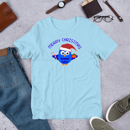 Light blue Christmas owl T-shirt with “Merry Christmas” text and owl graphic