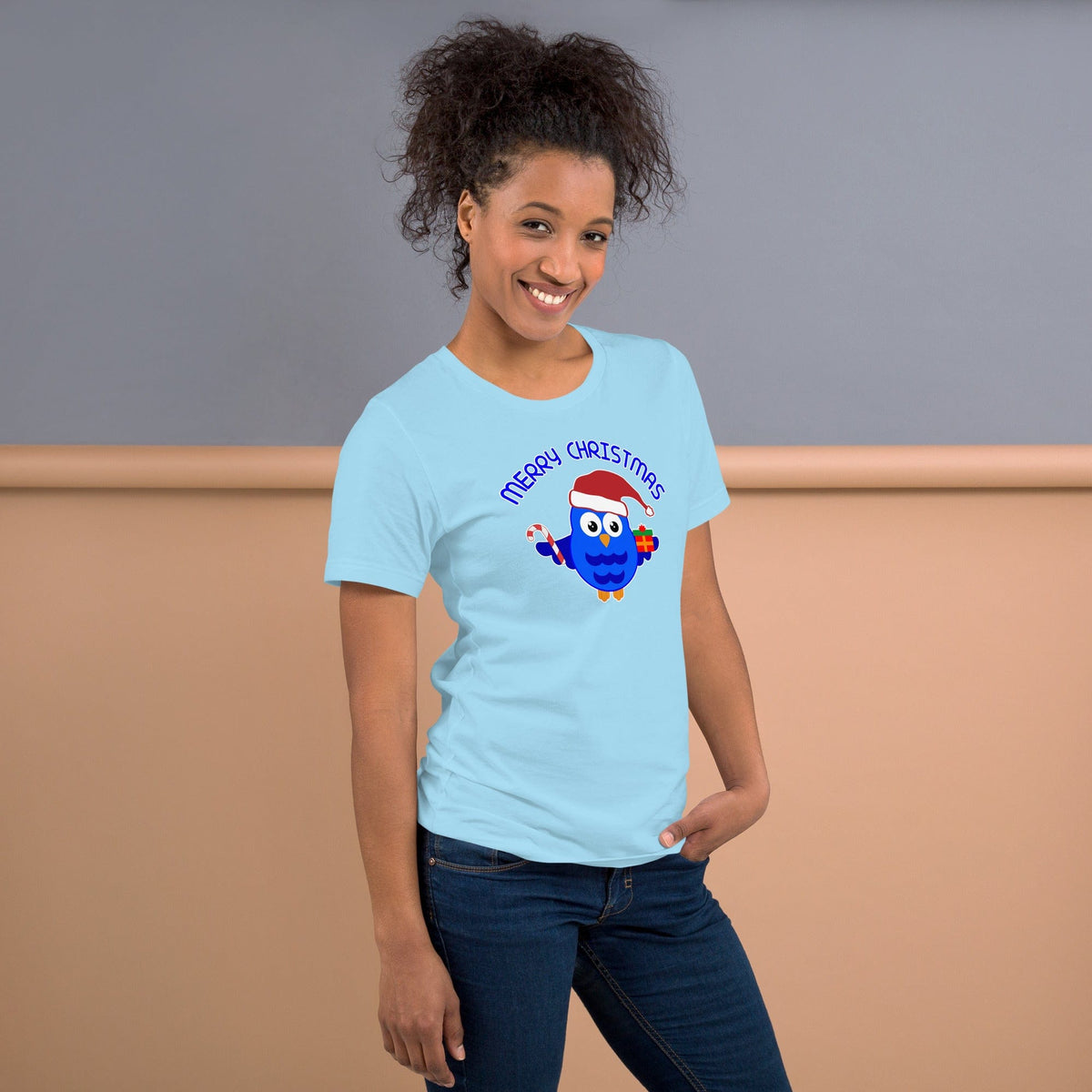 Light blue Christmas owl T-shirt with “Merry Christmas” text and owl graphic on chest