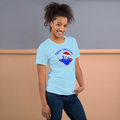 Light blue Christmas owl T-shirt with “Merry Christmas” text and owl graphic on chest