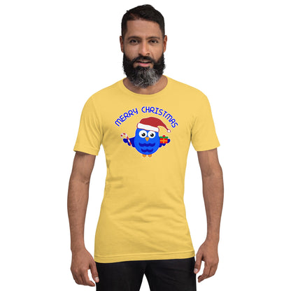 Yellow Christmas owl T-shirt with “Merry Christmas” text and cute owl graphic at center