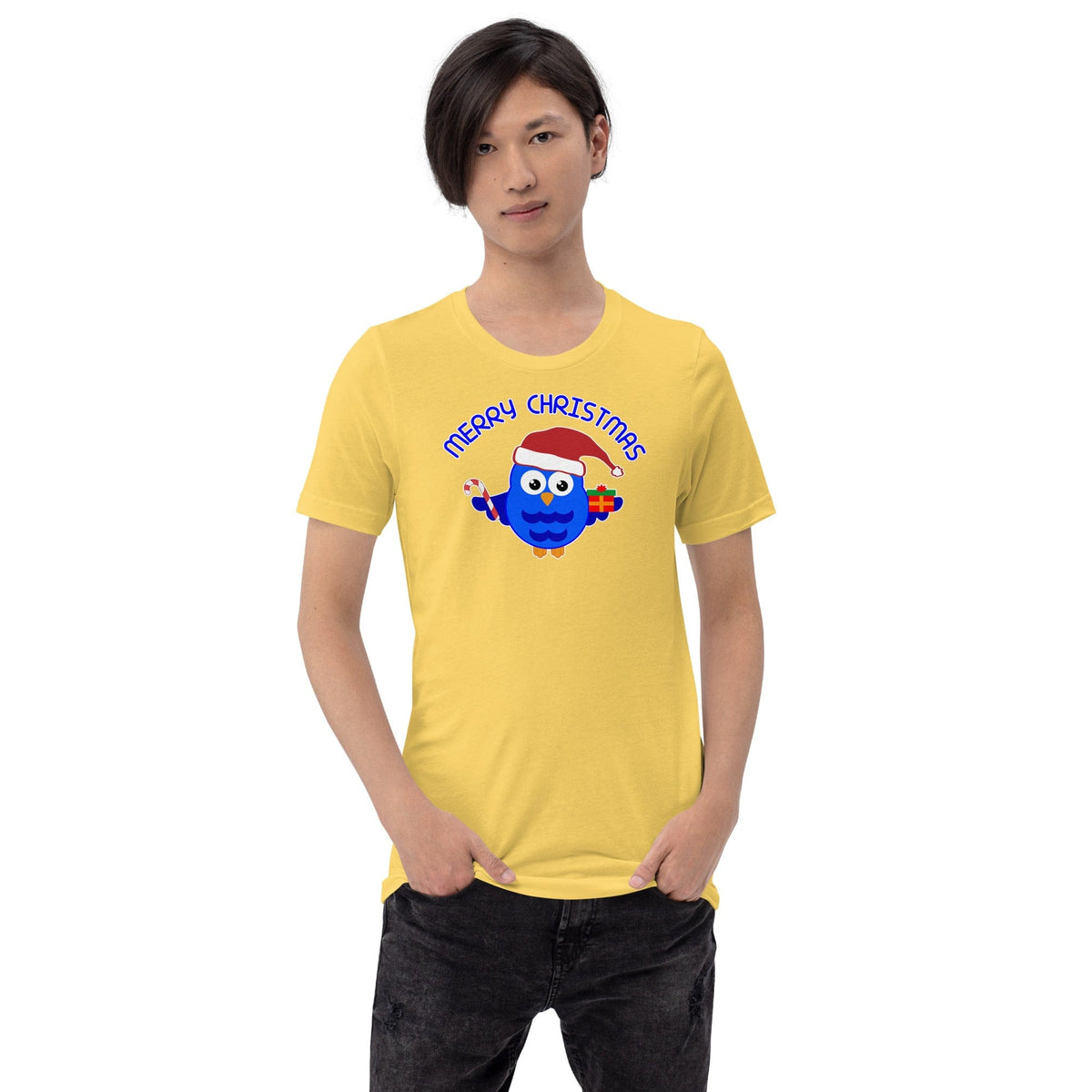 Yellow Christmas owl T-shirt with “Merry Christmas” text and owl graphic on chest