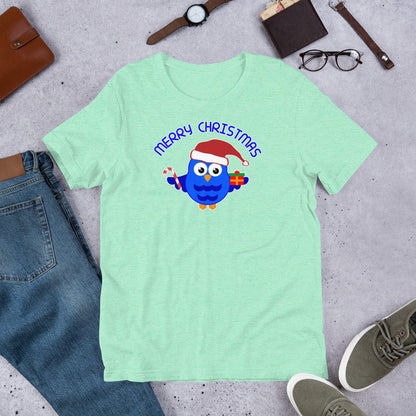 Mint green crewneck T-shirt with blue owl Santa graphic
