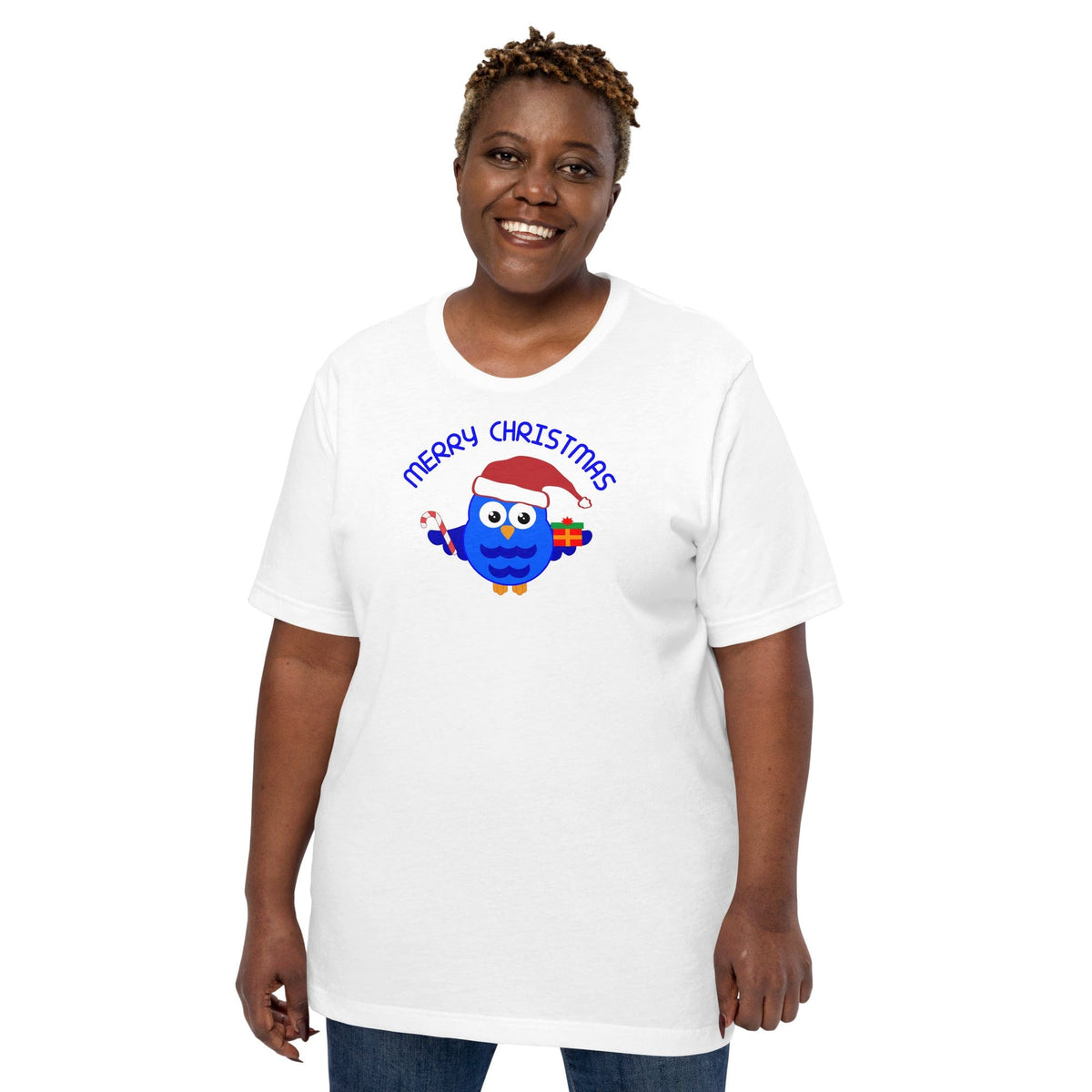 White crewneck T-shirt with blue owl Santa graphic