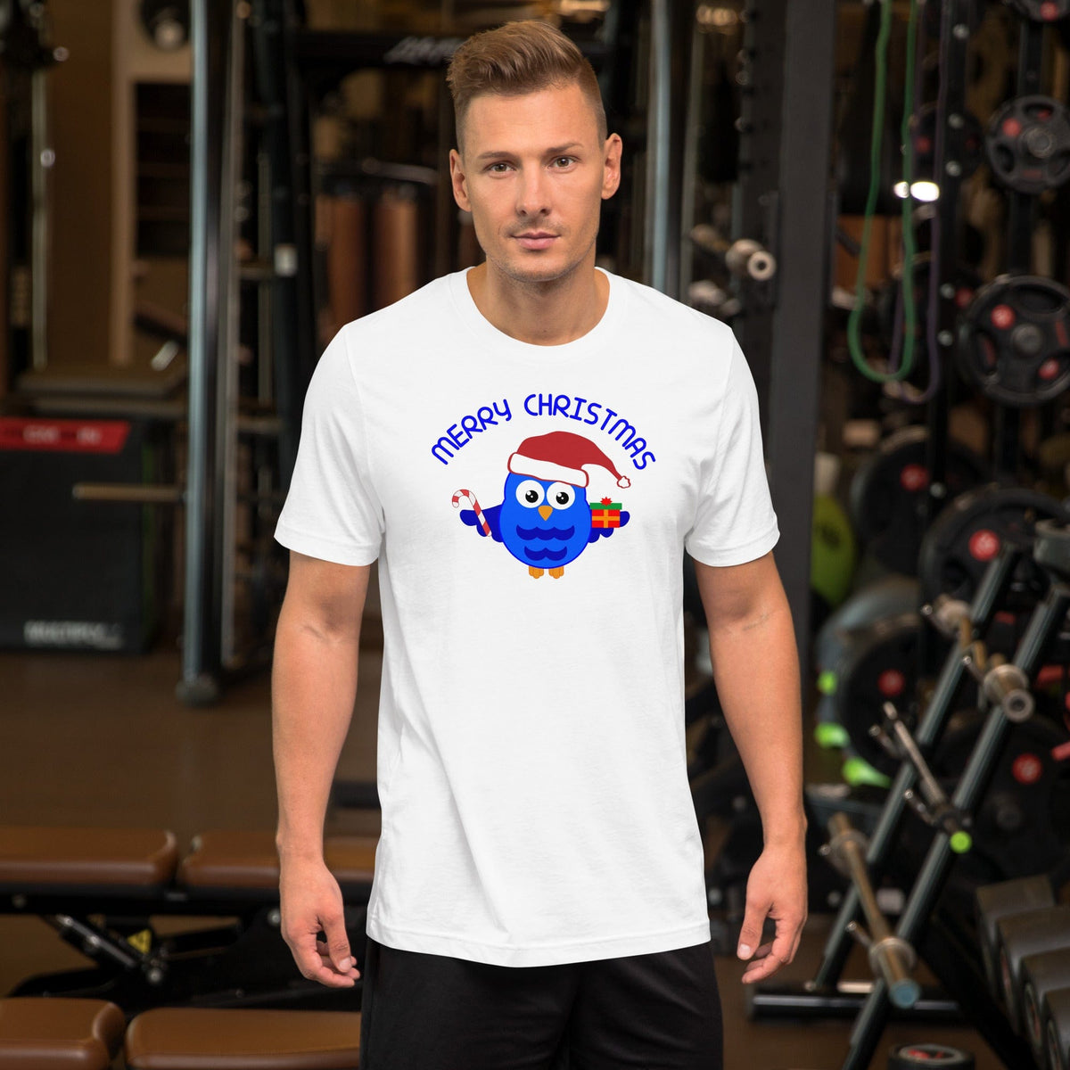 Christmas owl graphic T-shirt in white with blue cartoon owl and “Merry Christmas” lettering.