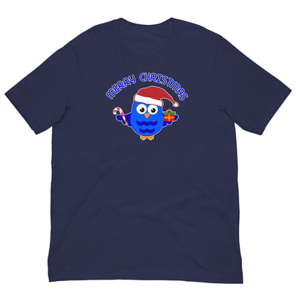 Christmas owl graphic T-shirt in navy with blue cartoon owl and “Merry Christmas” lettering.