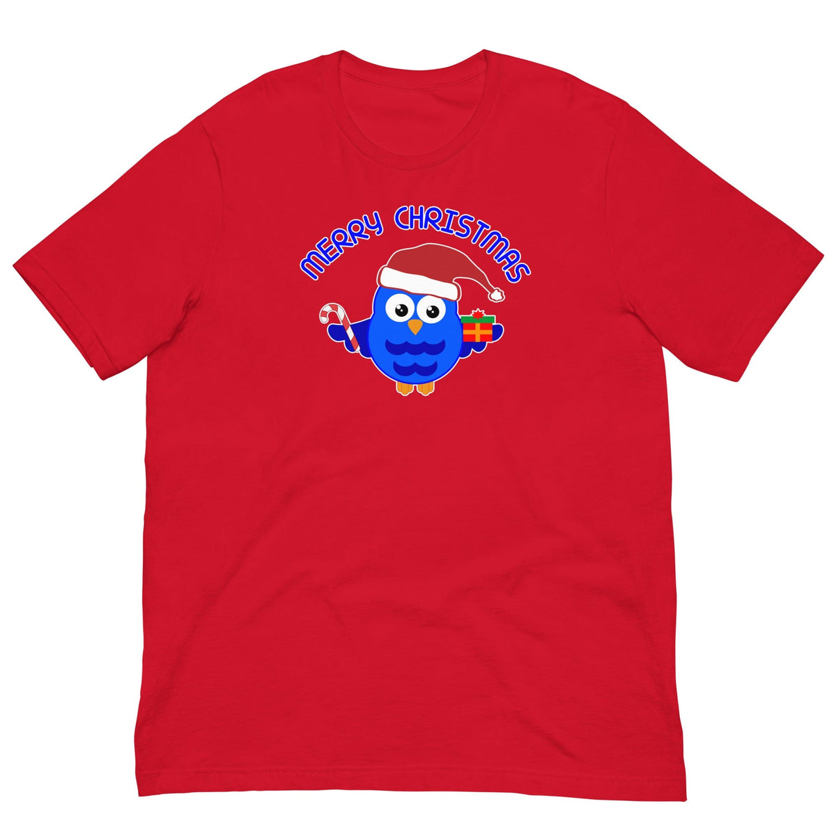 Christmas owl graphic T-shirt in red with blue cartoon owl and “Merry Christmas” text.