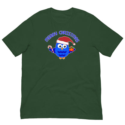 Christmas owl graphic T-shirt in dark green with blue cartoon owl and “Merry Christmas” text.