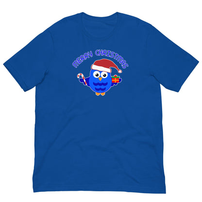 Christmas owl graphic T-shirt in blue with blue cartoon owl and “Merry Christmas” lettering.
