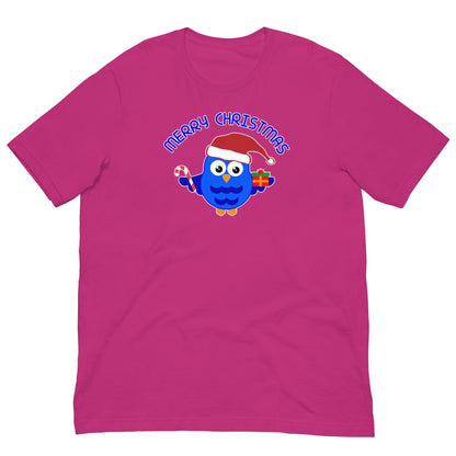 Pink Christmas owl graphic T-shirt with Santa-hat owl and "Merry Christmas" text