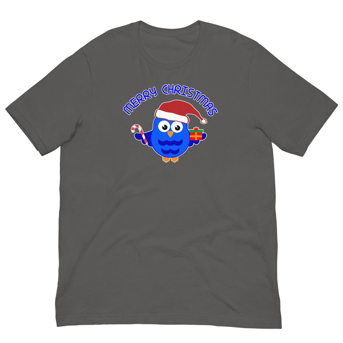 Dark gray Christmas owl graphic T-shirt with Santa-hat owl and "Merry Christmas" text