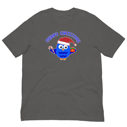 Dark gray Christmas owl graphic T-shirt with Santa-hat owl and "Merry Christmas" text