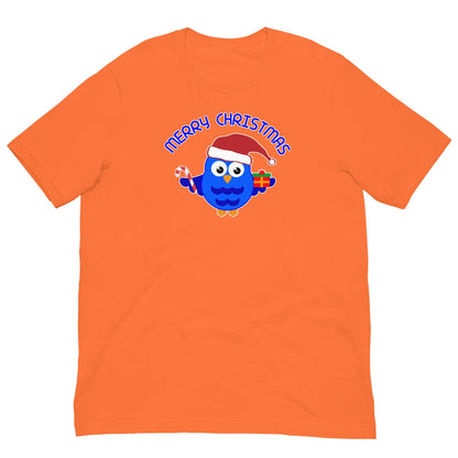 Orange Christmas owl graphic T-shirt with Santa-hat owl and "Merry Christmas" text