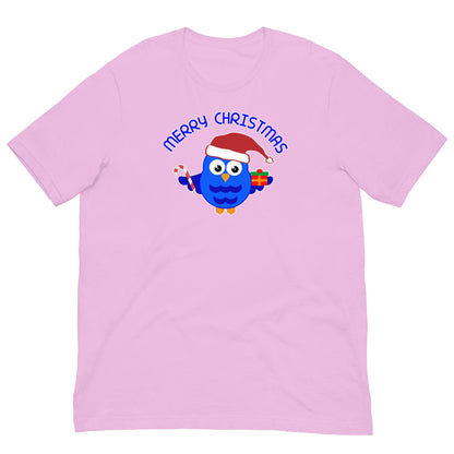 Light purple Christmas owl graphic T-shirt with Santa-hat owl and "Merry Christmas" text