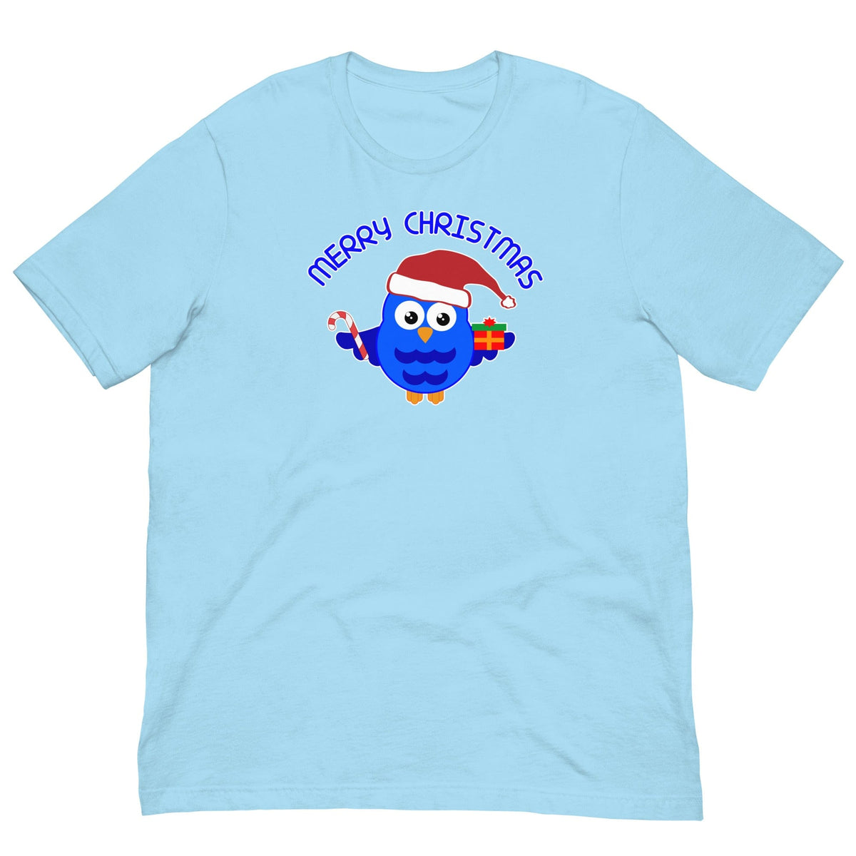 Light blue Christmas owl graphic T-shirt with Santa-hat owl and "Merry Christmas" text