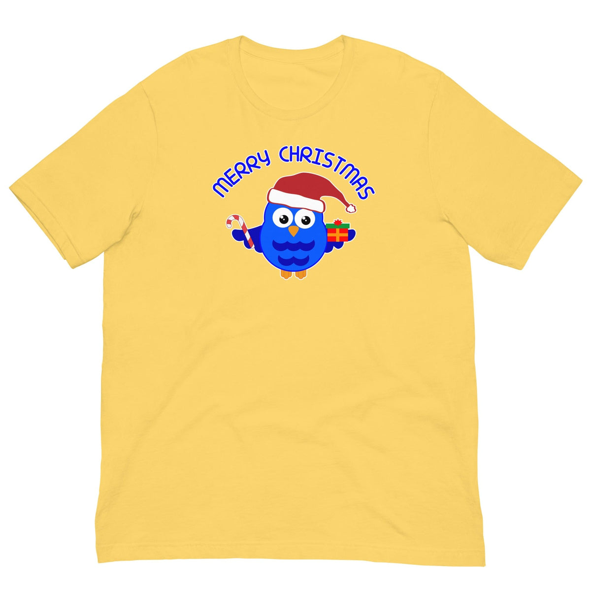 Yellow Christmas owl graphic T-shirt with Santa-hat owl and "Merry Christmas" text