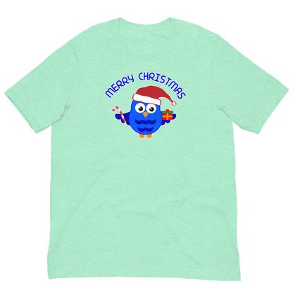 Mint green Christmas owl graphic T-shirt with Santa-hat owl and "Merry Christmas" text