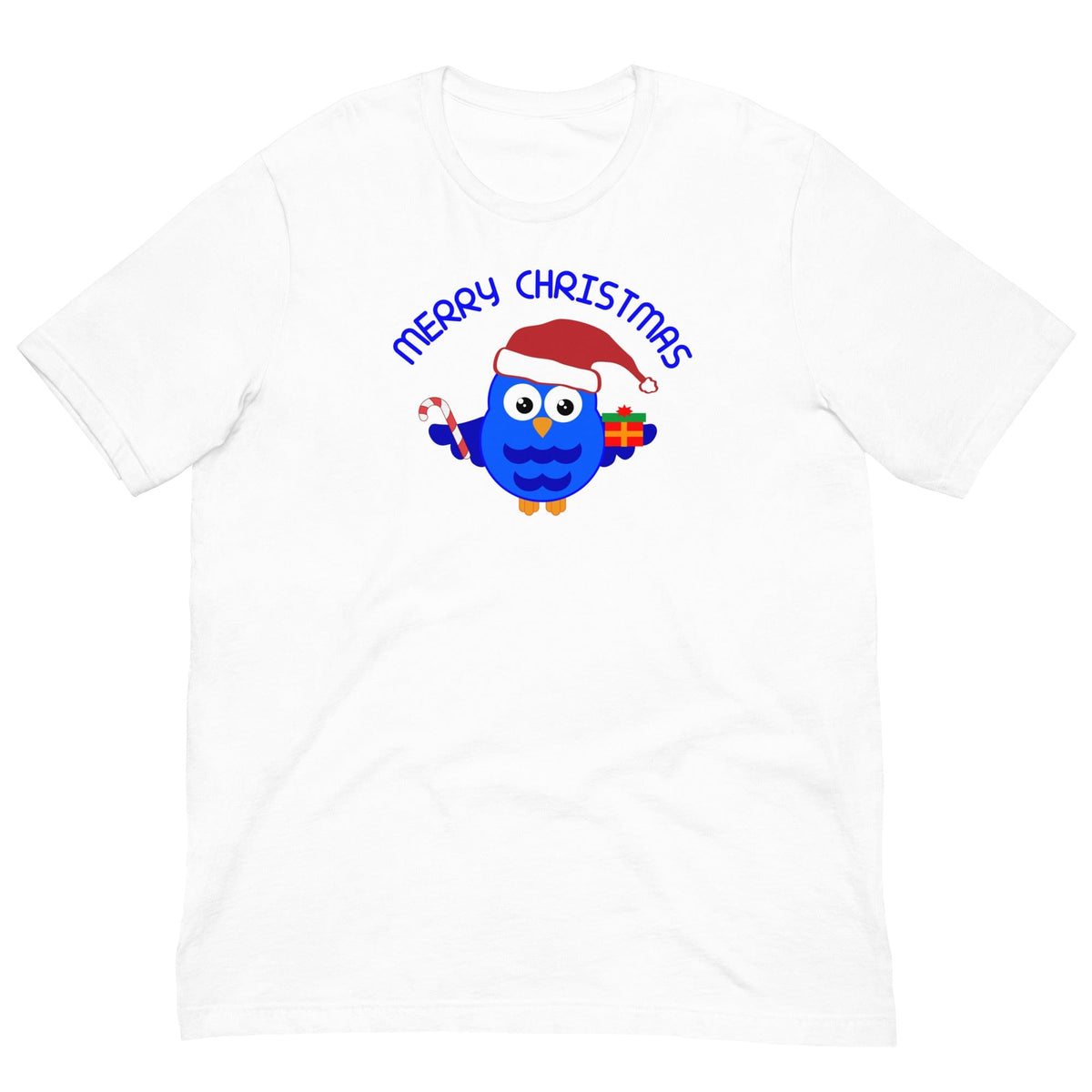 White Christmas owl graphic T-shirt with Santa-hat owl and "Merry Christmas" text