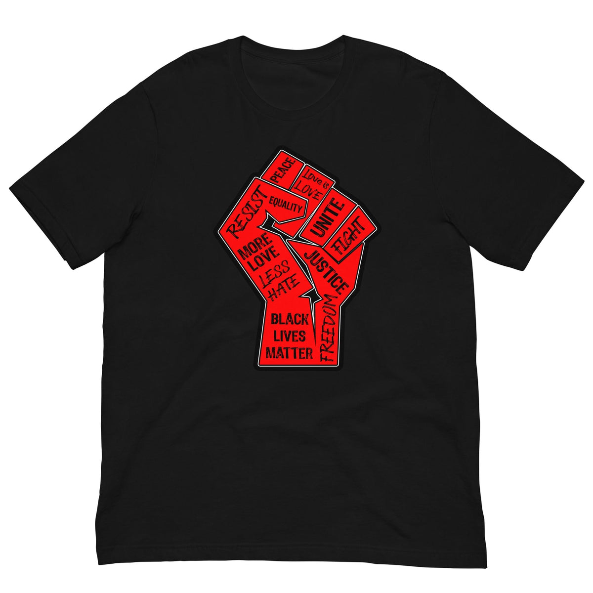 Black crewneck T-shirt with large red square "Black Lives Matter" graphic on front.