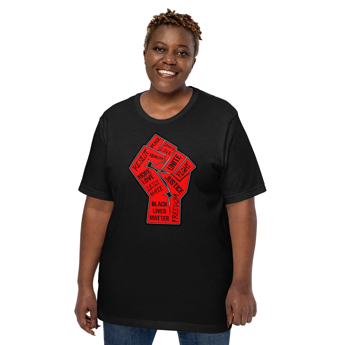 Black crewneck T-shirt with red square "Black Lives Matter" graphic at center front.