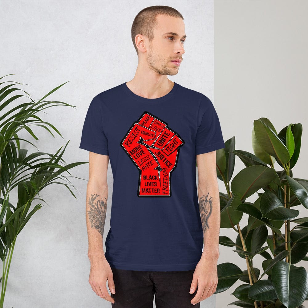 Navy crewneck T-shirt with red square "Black Lives Matter" graphic centered on chest.